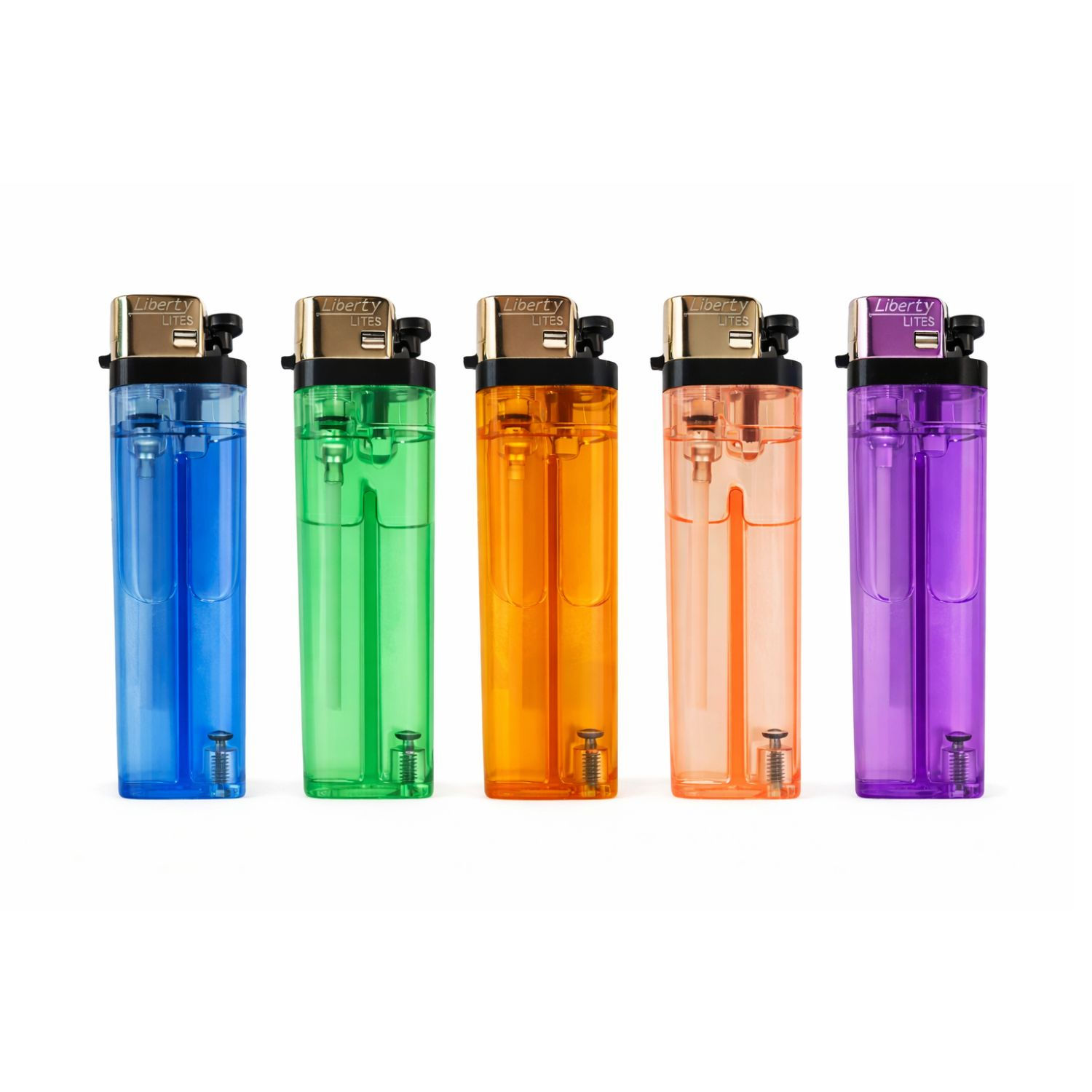 Basic disposable lighter assorted colors blue green orange peach purple lineup studio product photo