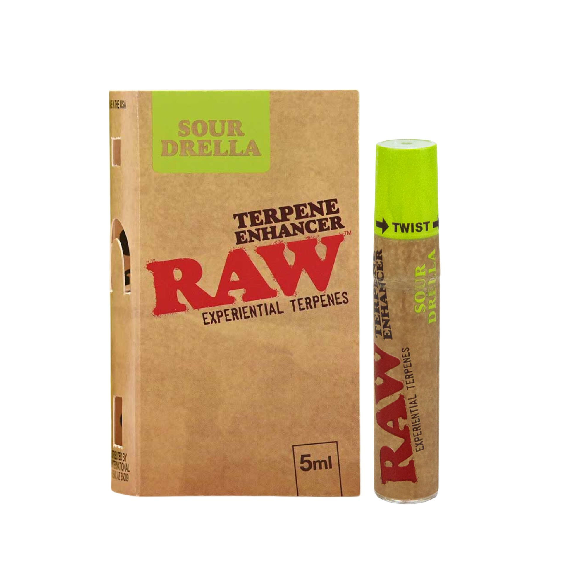 RAW Terp Spray Sour Drella 5mL bottle next to retail packaging box