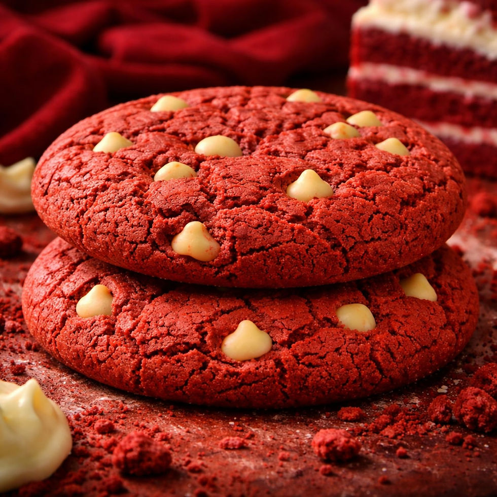 Close-up of red velvet cookies with white chocolate chips stacked on table