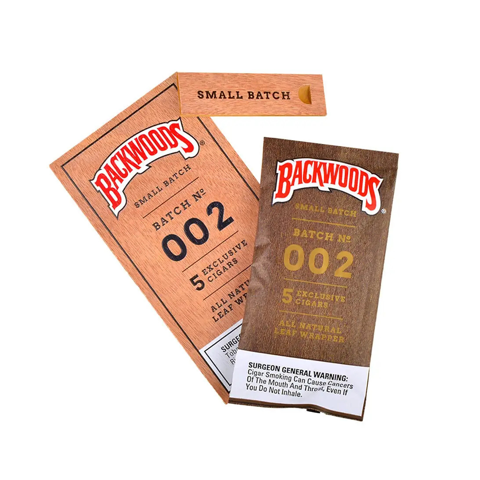 Open Backwoods Small Batch 002 retail box showing exclusive pack of five natural leaf cigars