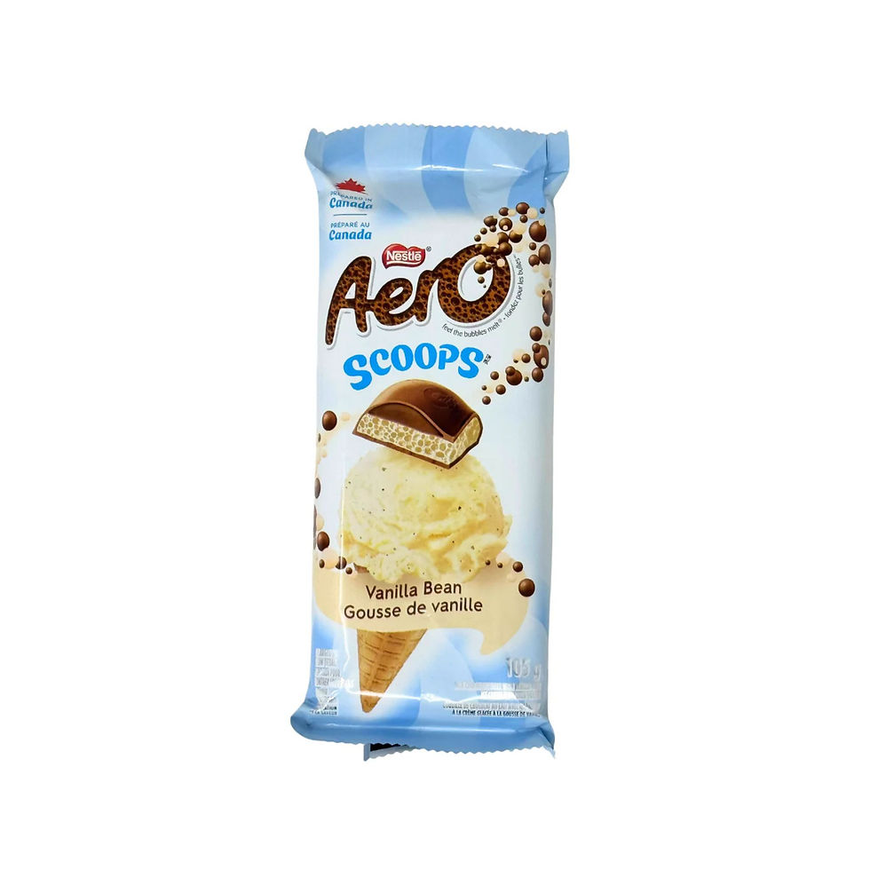AERO Scoops Vanilla Bean chocolate bar front packaging showing vanilla ice cream themed design