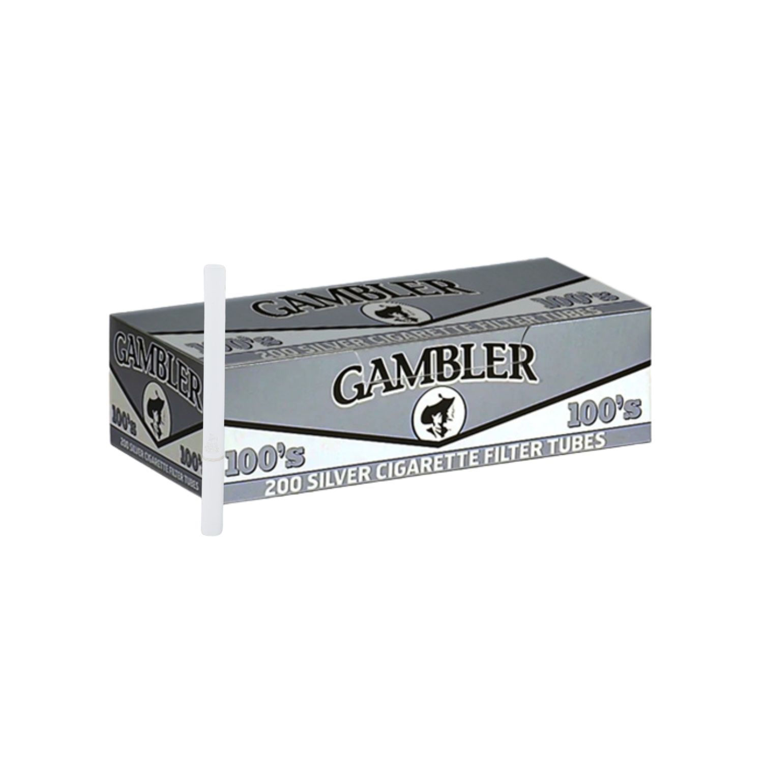 Gambler Silver 100’s cigarette filter tubes box with a single white filter tube displayed in front.