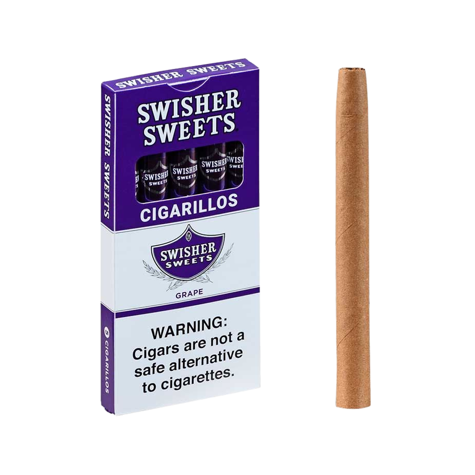 Swisher Sweets Grape cigarillos 5-pack box angled view with single cigarillo shown beside it