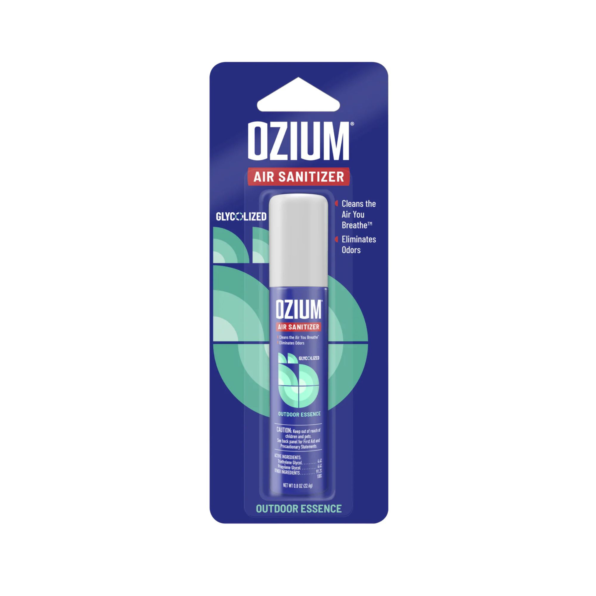 Ozium Air Sanitizer Outdoor Essence 0.8oz travel spray in retail packaging.