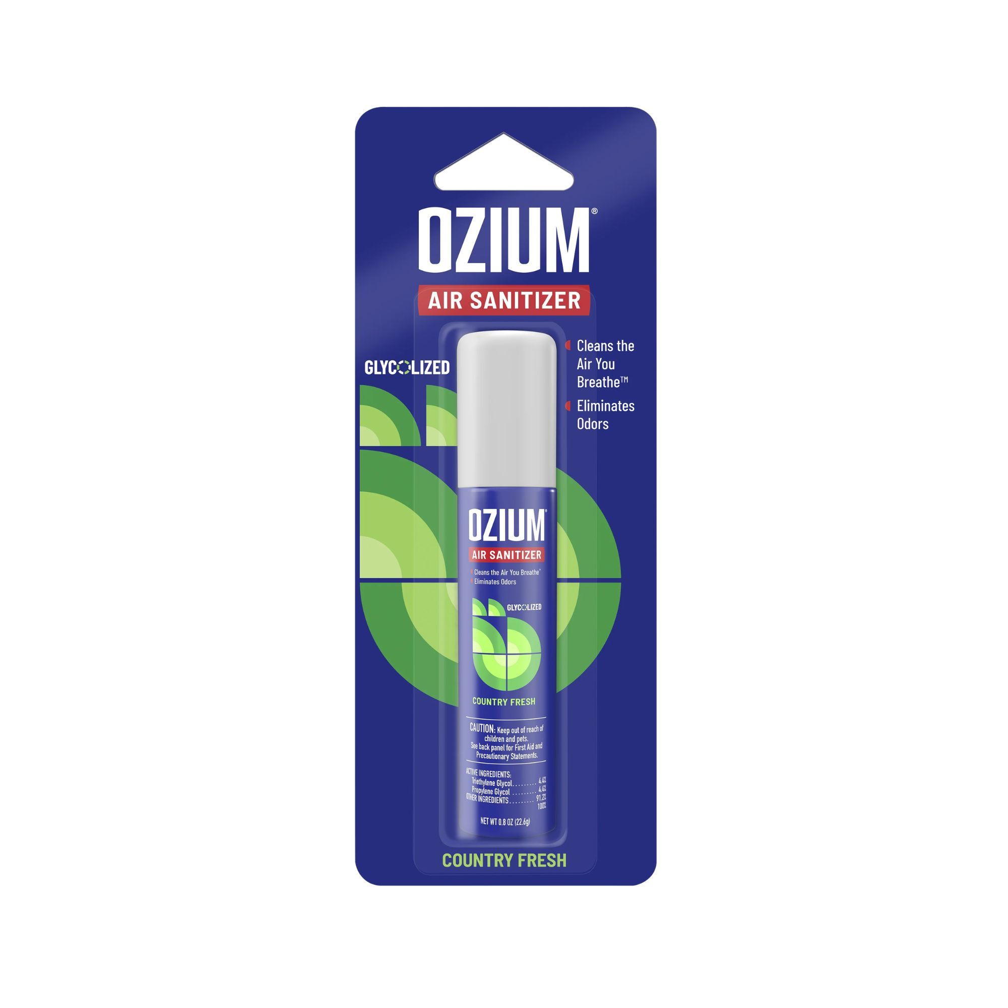 Ozium Air Sanitizer Spray Country Fresh 0.8oz travel size packaging front view