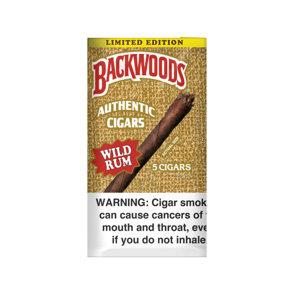 Backwoods Wild Rum cigar pack front displaying limited-edition 5-pack with natural leaf wrapper and Wild Rum label