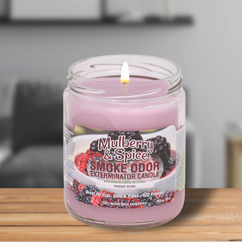 Thumbnail: Smoke Odor Exterminator candle lit in glass jar on tabletop