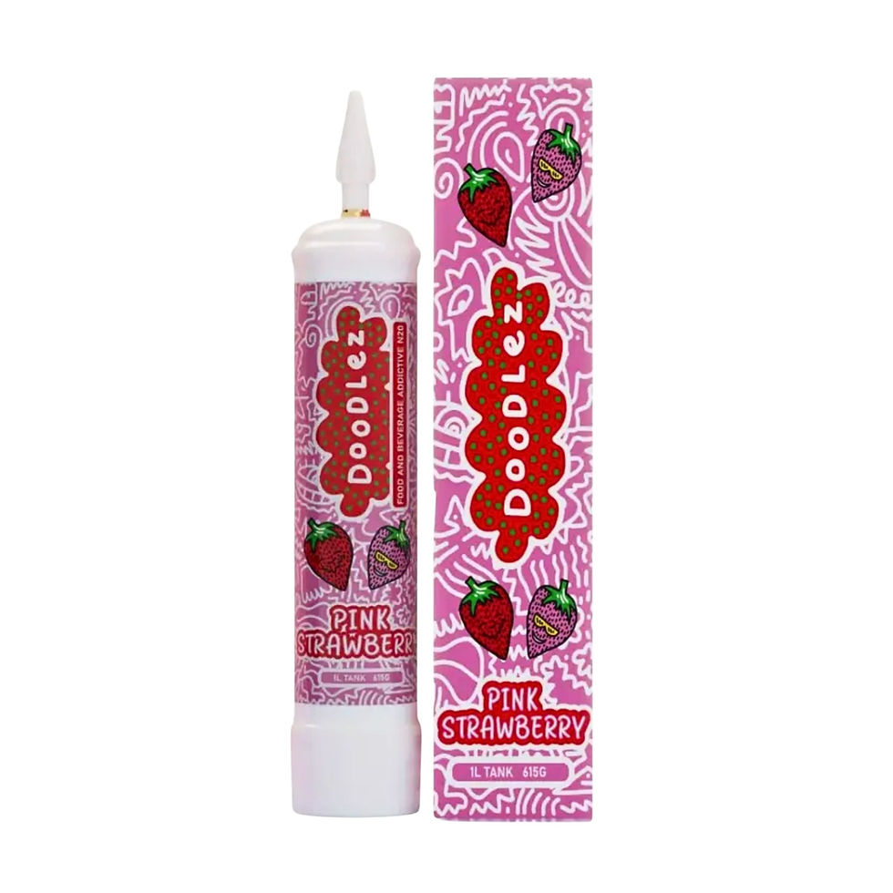 Doodlez N20 whipped cream charger Pink Strawberry 615g tank with packaging front view