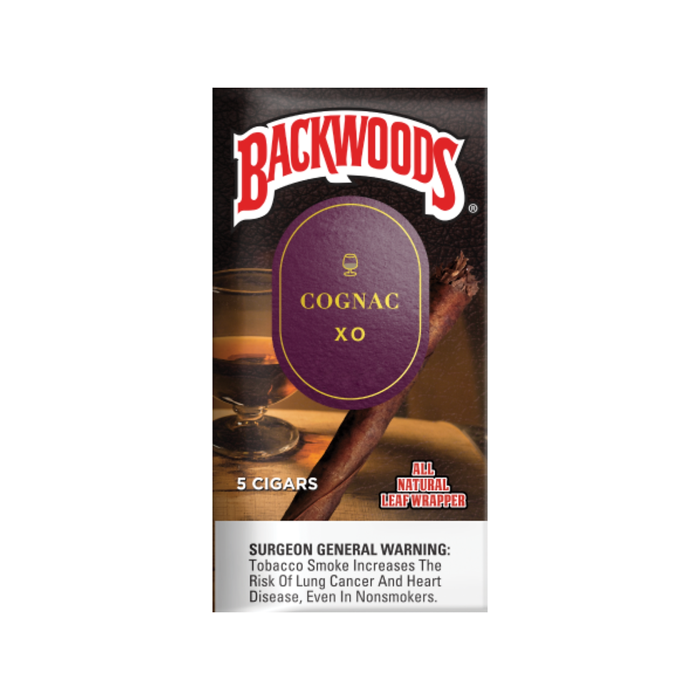 Backwoods Cognac XO cigar pack front displaying craft-collection 5-pack with natural leaf wrapper and Cognac XO label