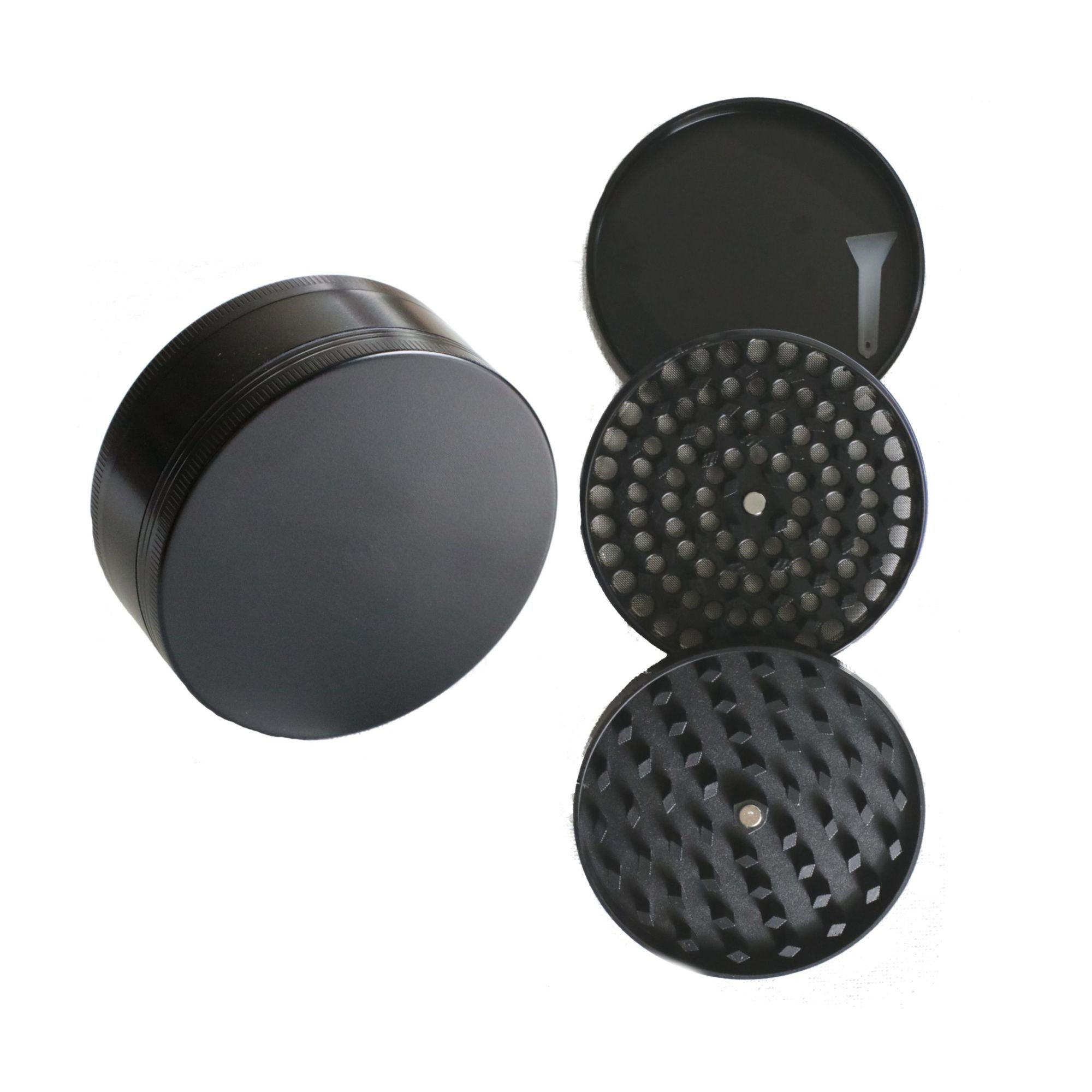 Large 3 inch herb grinder open showing 3 layer chambers