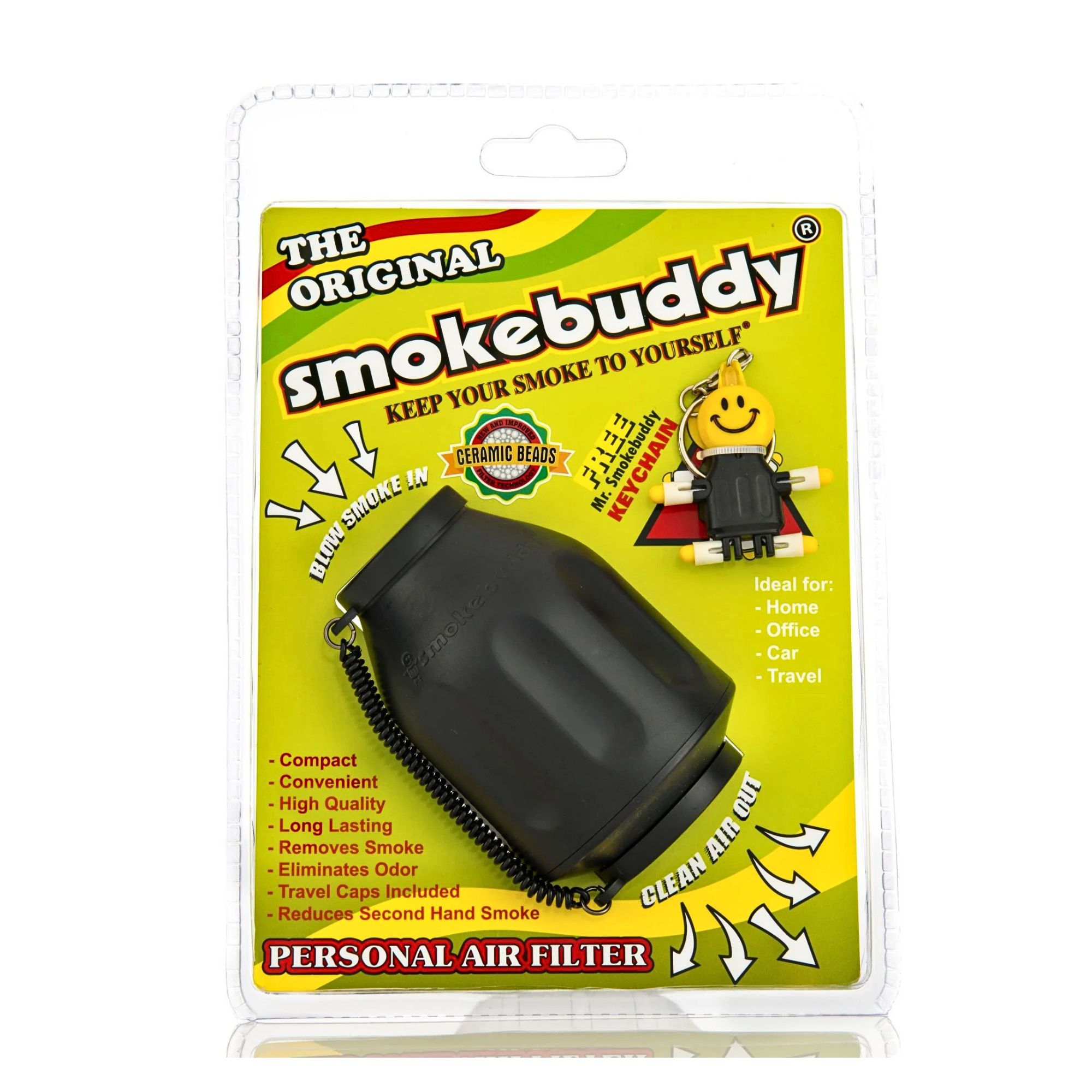 Smokebuddy Original Personal Smoke Air Filter Black retail packaging front view with keychain accessory