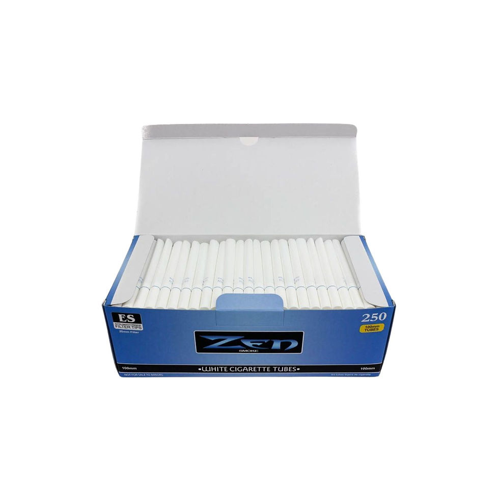 Thumbnail: Open Zen White cigarette filter tubes box displaying rows of white tubes inside the blue Zen branded box.