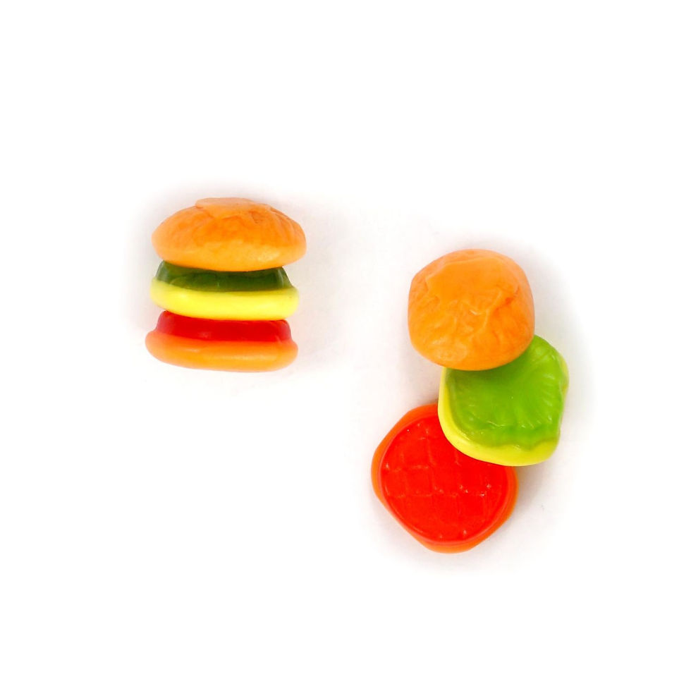 Thumbnail: Efrutti Mini Burger gummy candy taken apart showing individual bun, lettuce, cheese, and patty gummy layers.