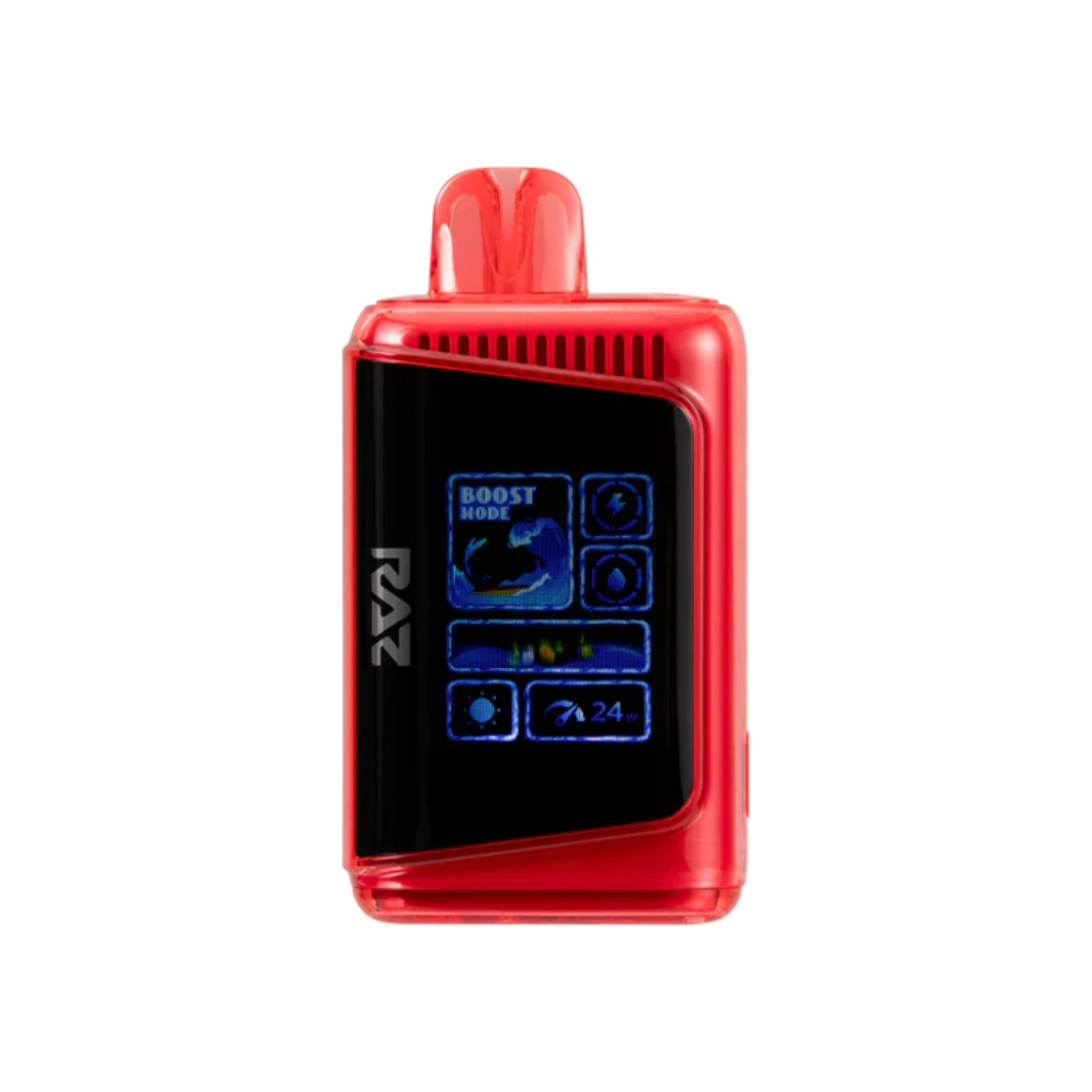 RAZ LTX 25000 vape front view of display screen showing boost mode and battery indicators
