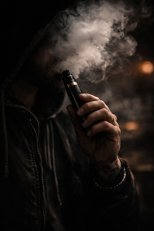 Man smoking vape with swirling vapor covering face.png