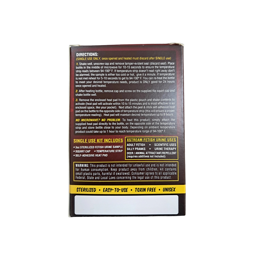 Thumbnail: Back of XStream Fetish Urine box showing directions, warnings, and contents