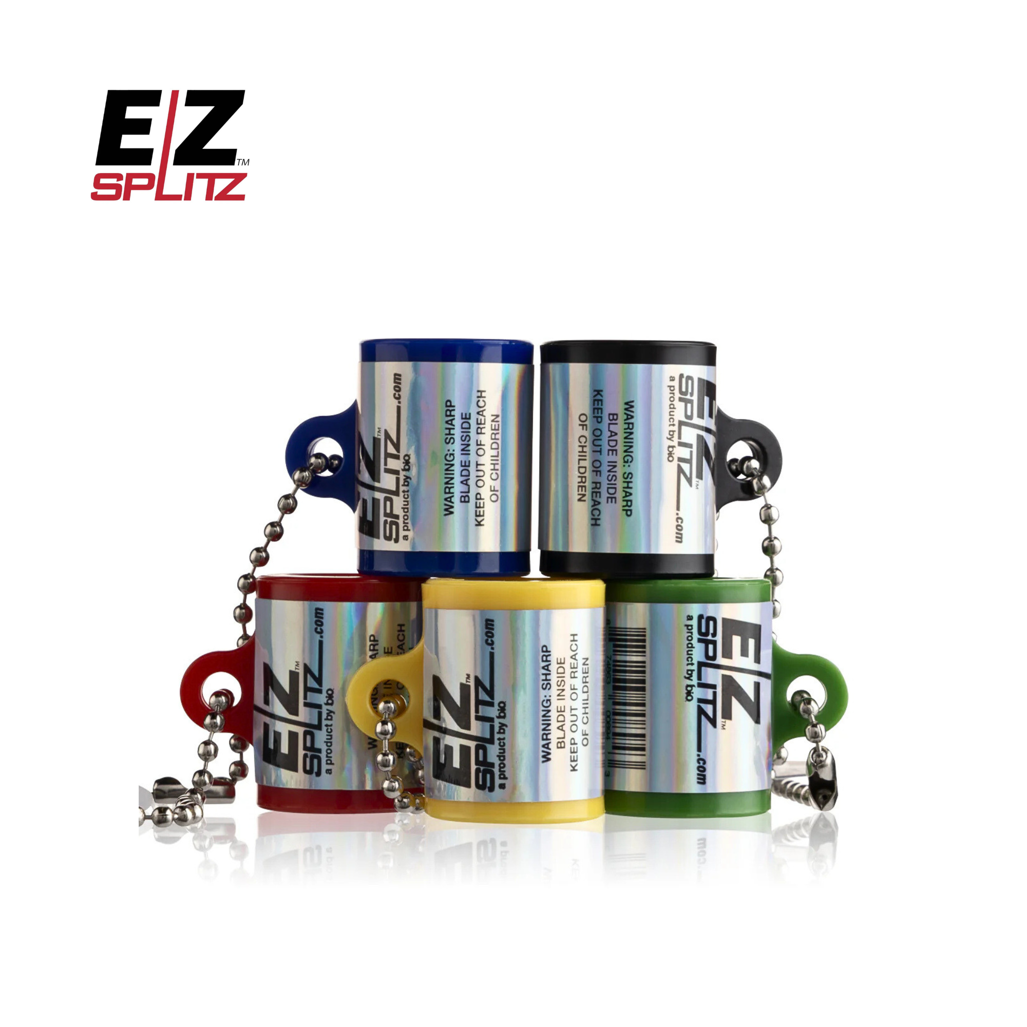 EZ Splitz cigarillo cutter keychain in assorted colors on white background