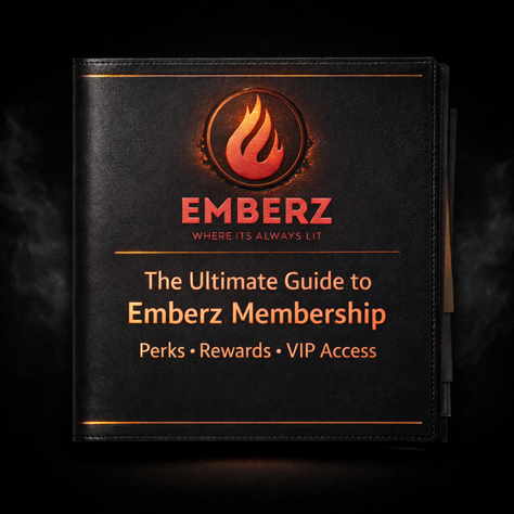 The Ultimate Guide to Emberz Membership Dossier cover featuring a glowing orange Emberz flame logo on a premium black leather binder.