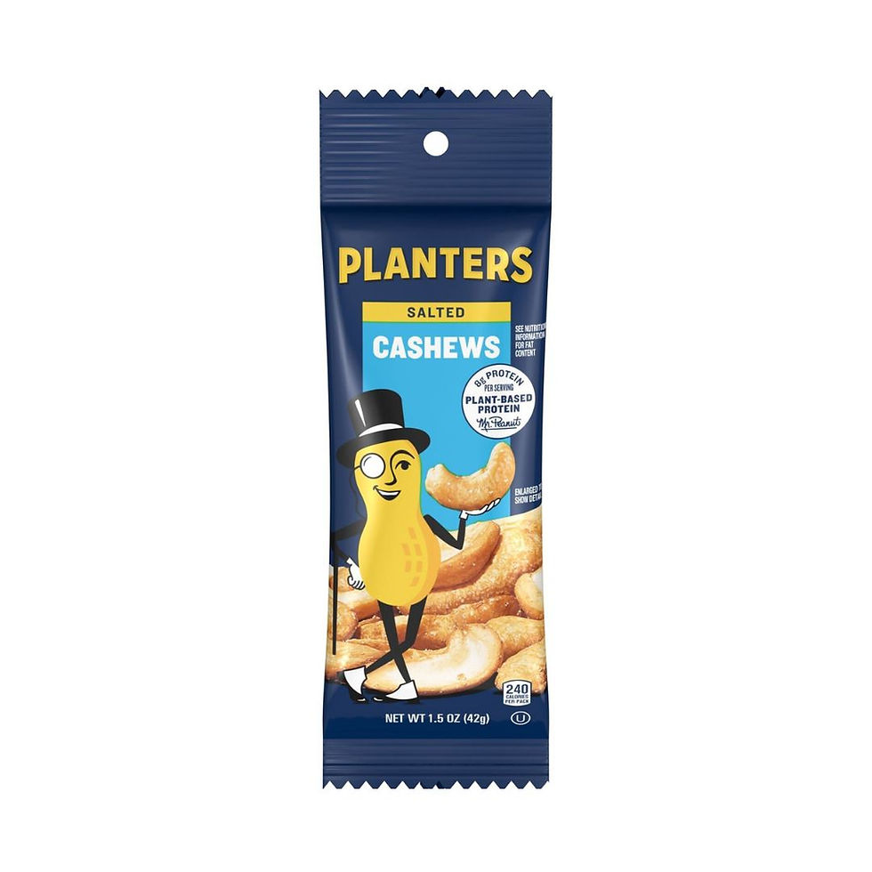 Front view of Planters Salted Cashews To-Go Pouch 1.5 oz with Mr. Peanut mascot