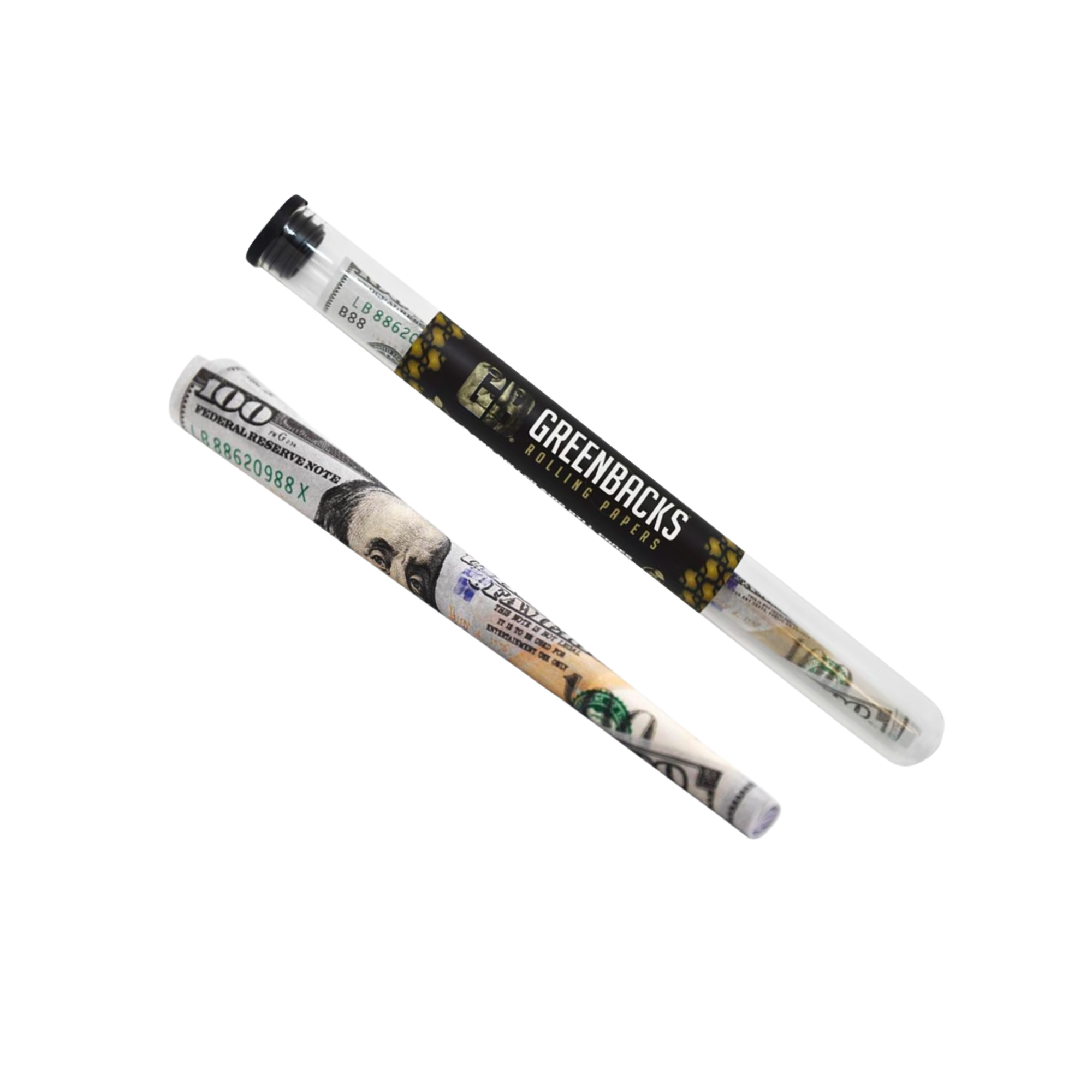Close-up of Greenbacks king size pre-rolled cone featuring detailed $100 bill print and premium rolling paper construction
