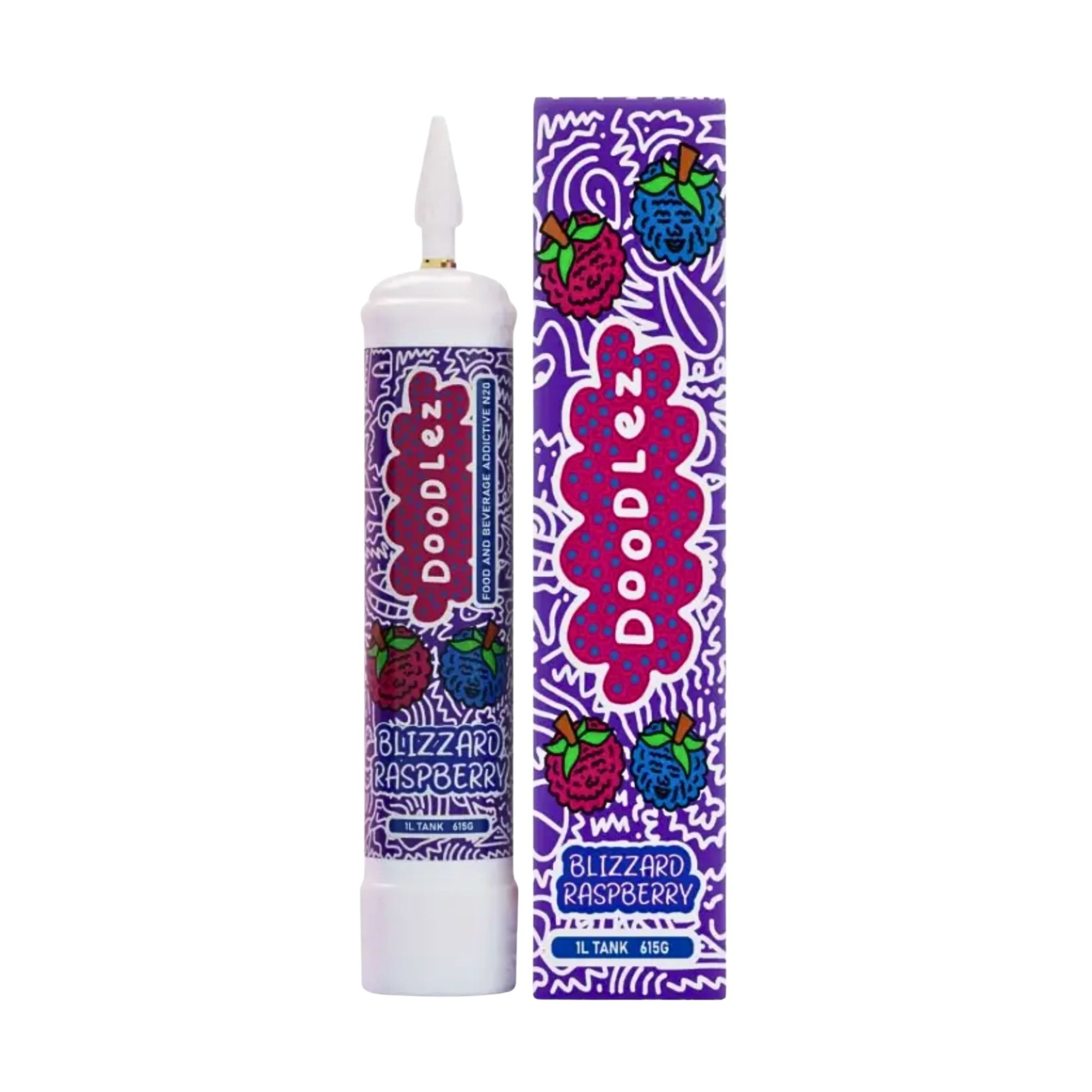 Doodlez N20 whipped cream charger Blizzard Raspberry 615g tank with packaging front view