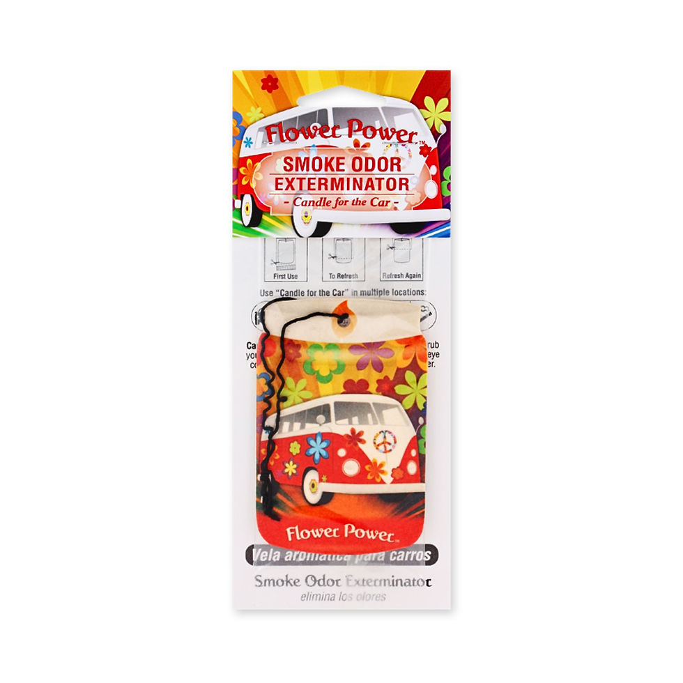 Smoke Odor Exterminator Flower Power car freshener retail packaging