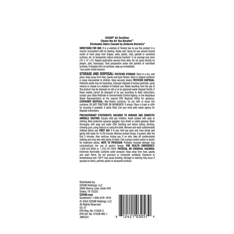 Thumbnail: Back label of Ozium Outdoor Essence spray with usage instructions and safety details.