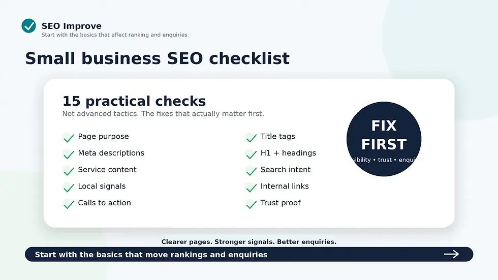 Small business SEO checklist graphic showing practical checks for page purpose, titles, headings, content, local signals, links and calls to action.