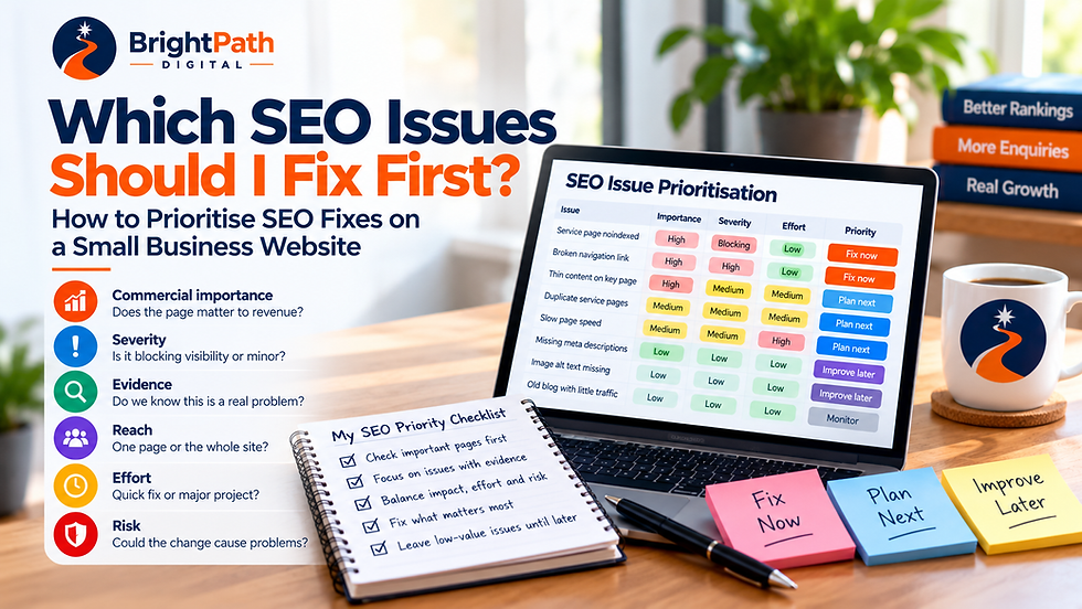 SEO issues prioritised by commercial importance, severity, evidence, reach, effort and risk