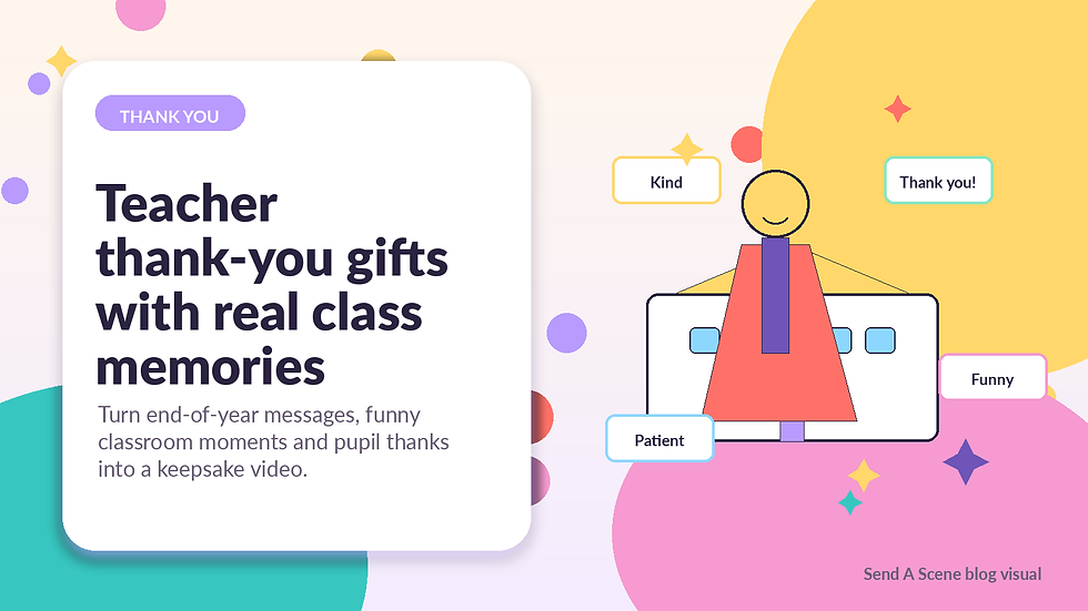 Teacher Thank-You Cartoon Video Gift Hero Image. Alt text: Colourful classroom scene with thank-you notes showing a personalised teacher cartoon video gift idea. Caption: A teacher thank-you gift visual for end-of-year personalised cartoon scenes.