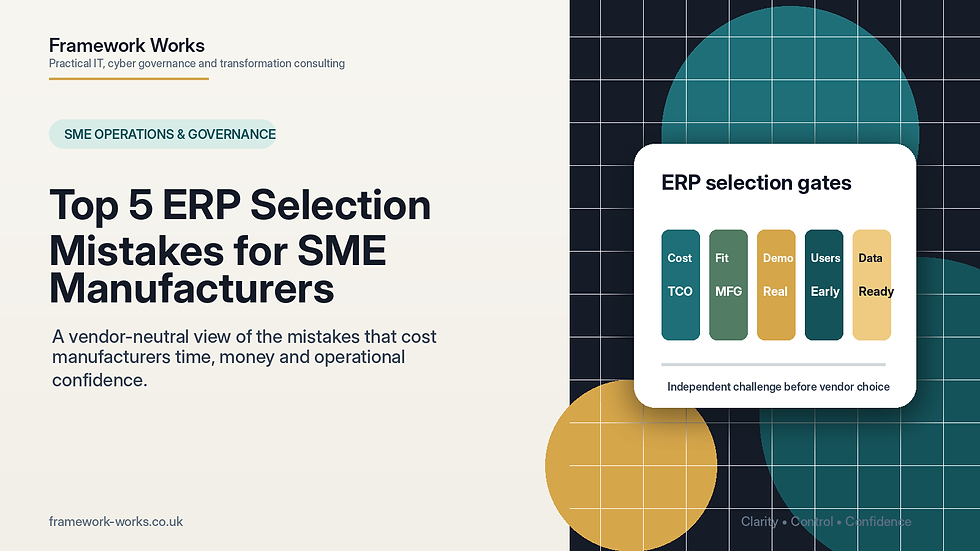 ERP selection mistakes for SME manufacturers showing vendor neutral manufacturing system readiness. Title: ERP Selection Mistakes for SME Manufacturers. Caption: A vendor-neutral view of the common ERP selection mistakes SME manufacturers should avoid.