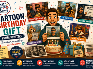 Cartoon birthday gift from photos showing a person's memories, pet and personality transformed into animated birthday scenes