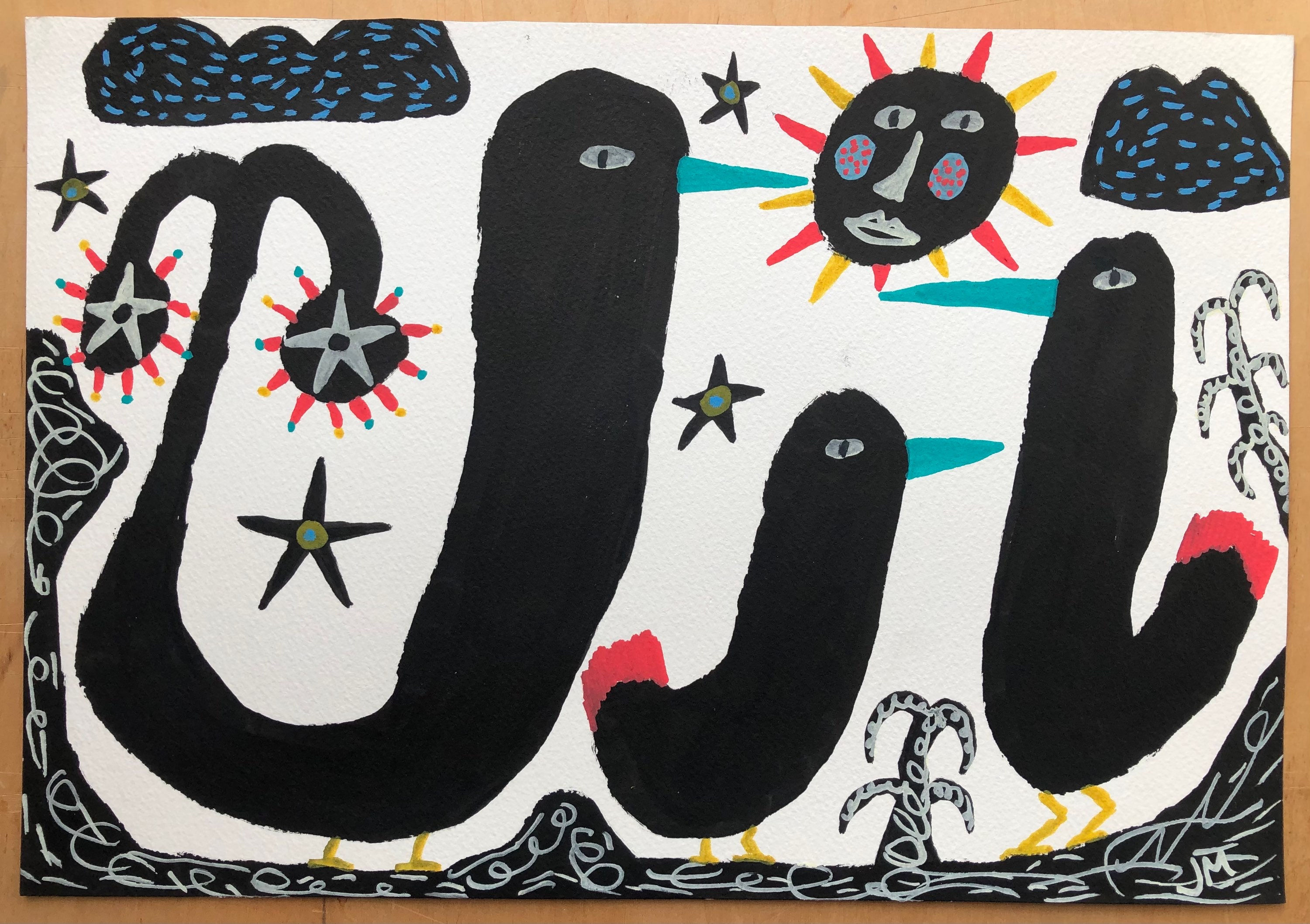 A Trio Of Feathered Beasts. 15” x 10.5”.