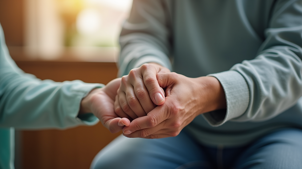 Close-up view of a caregiver’s hand gently holding a senior’s hand