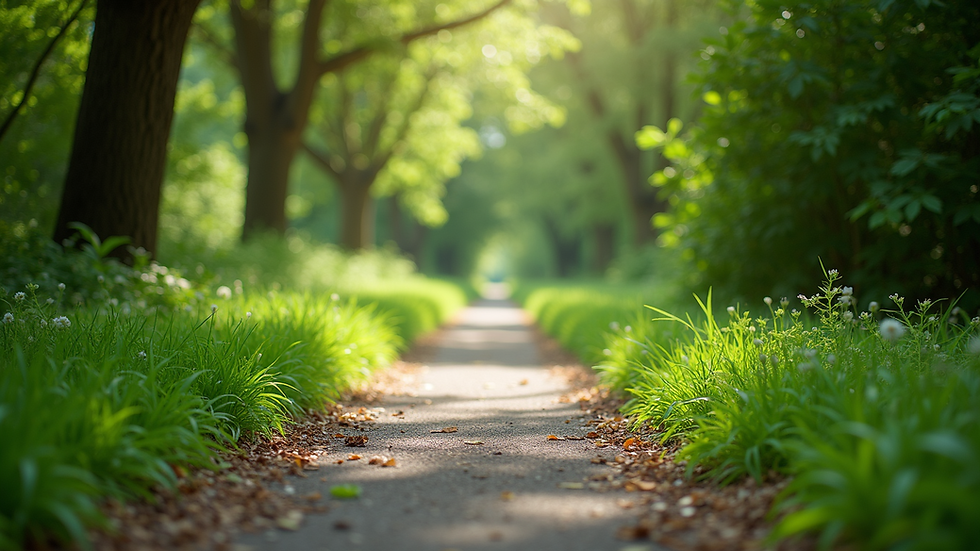 Eye-level view of a serene park path surrounded by lush greenery