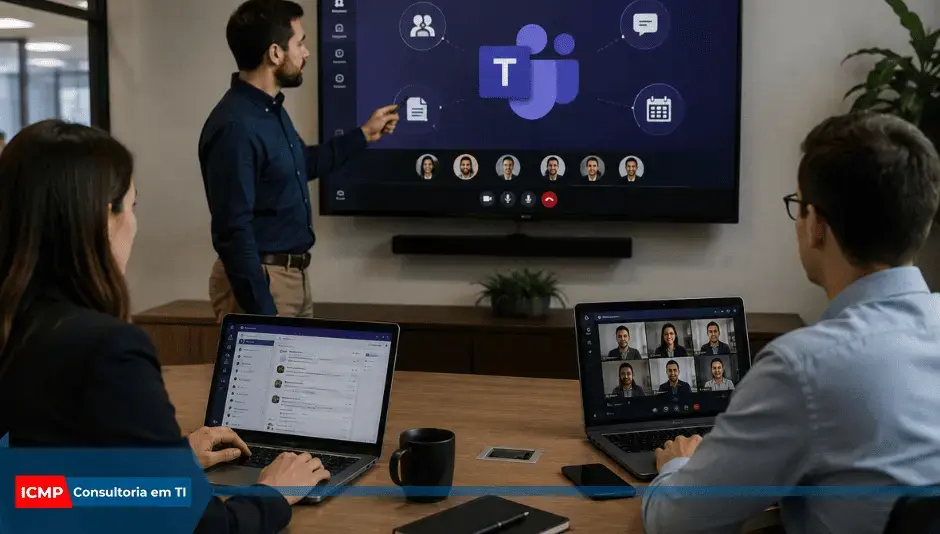 Reunião em sala com três pessoas; apresentador aponta para tela do Microsoft Teams, laptops mostram videochamada.
