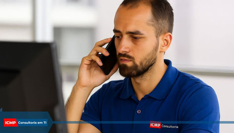 Homem de camisa azul fala ao celular diante do computador, em escritório claro, com ar preocupado; logo ICMP Consultoria em TI.