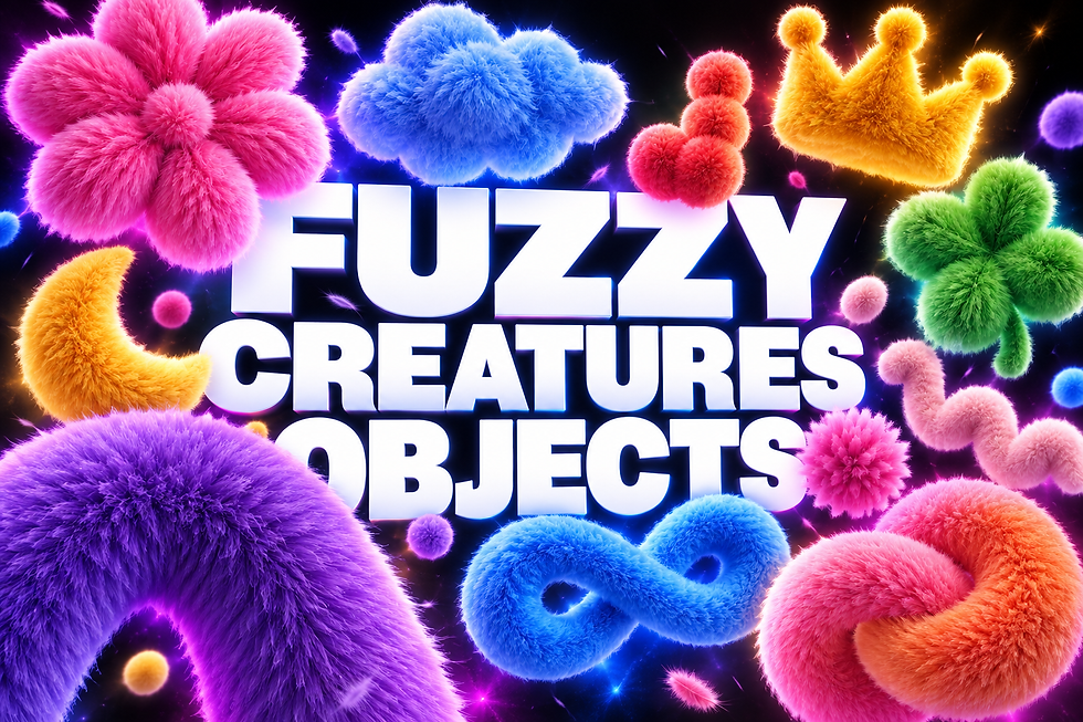 Fuzzy Creatures Objects 3D shape pack thumbnail with vibrant fuzzy plush texture