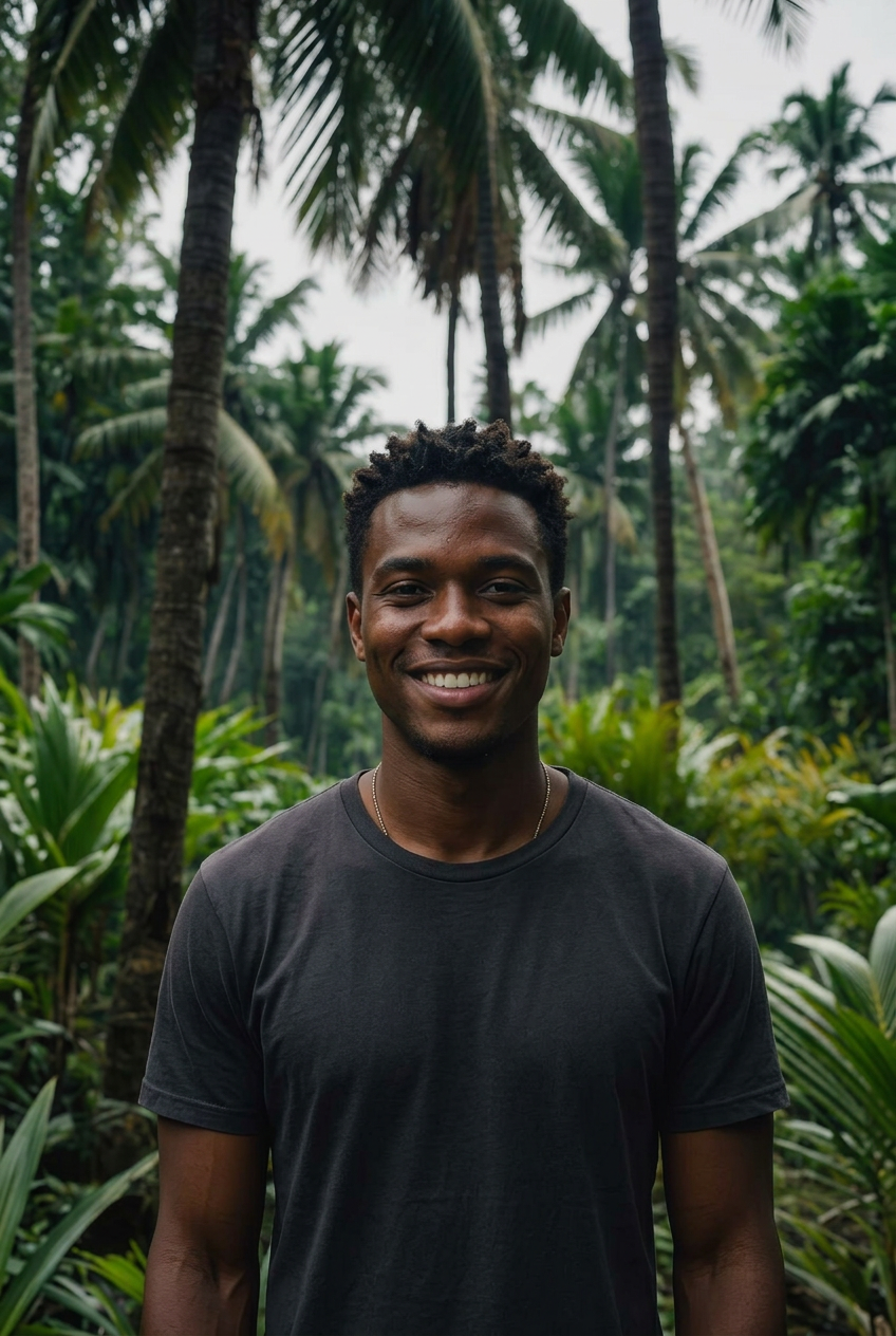 Smiling man in a tropical forest with palm trees