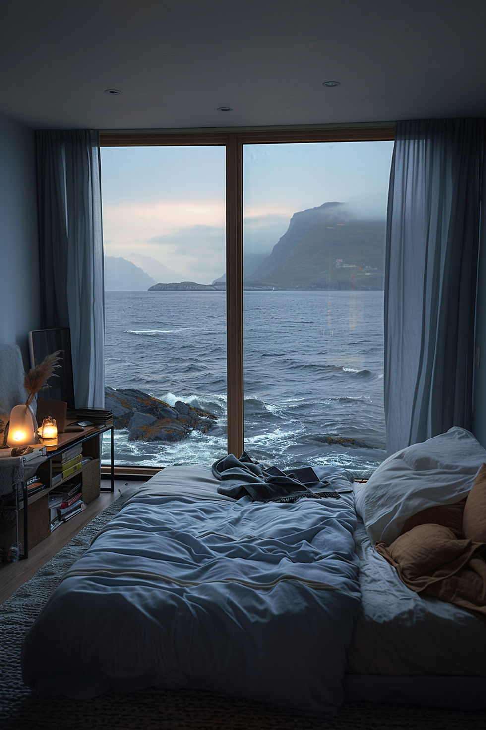 Bedroom with panoramic ocean and mountain view