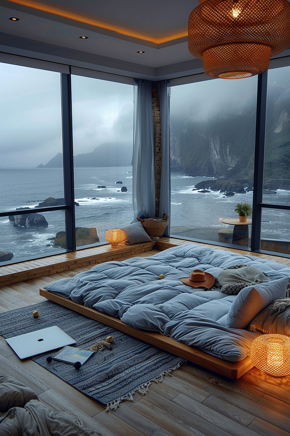 Cozy bedroom with low bed, laptop, and stormy ocean view