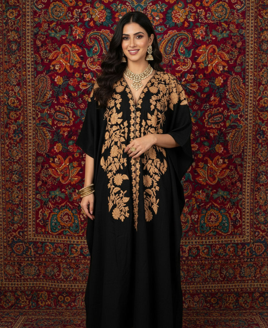 Gold Zari Embroidered Black Kaftan