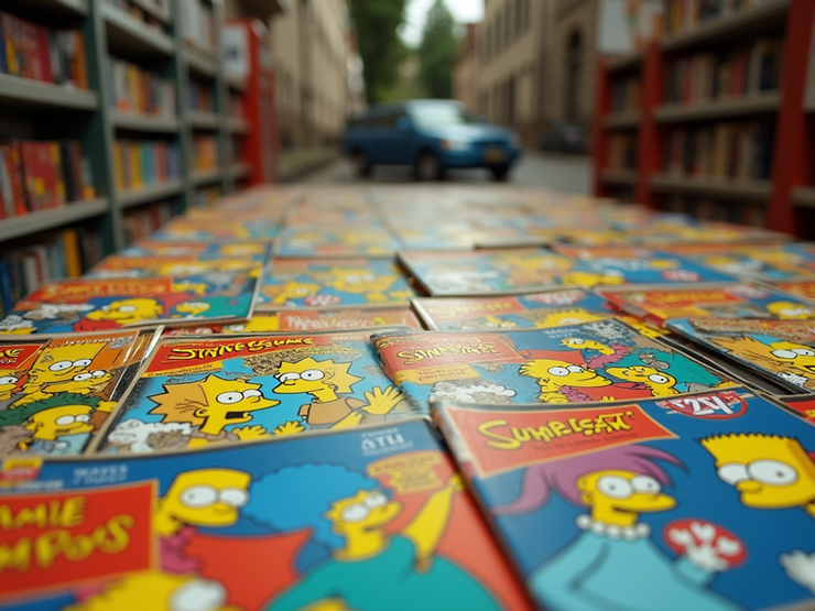 A vibrant arrangement of comic book covers featuring famous Springfield inhabitants.