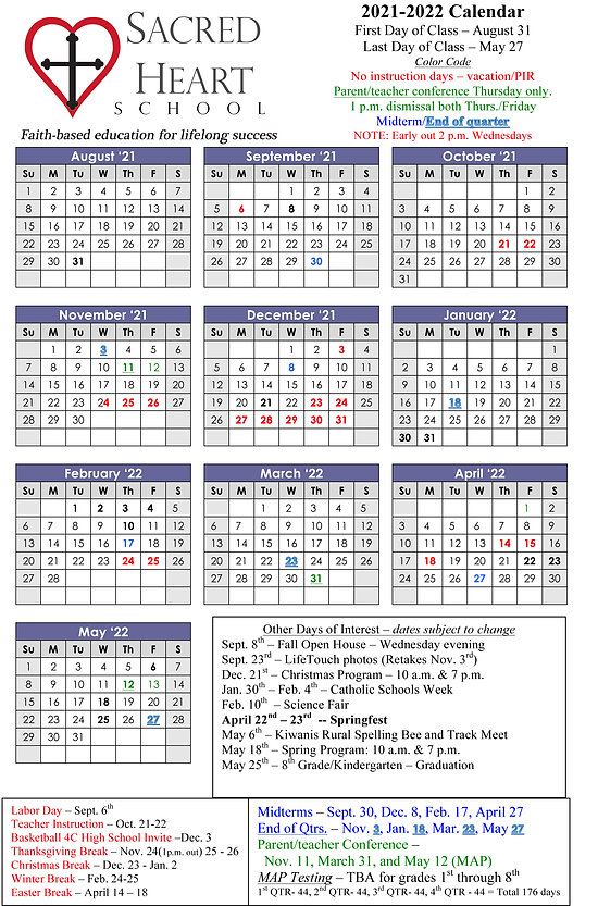 Calendar Sacred Heart School Calendar Sacred Heart School