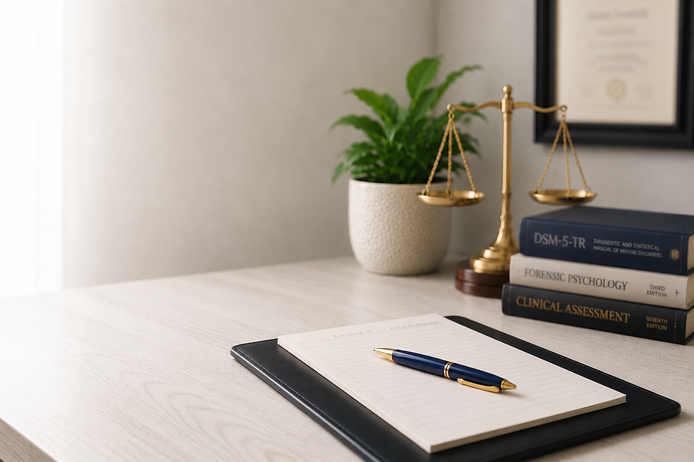 Professional office workspace for psychological evaluations, featuring a notepad and pen on a desk beside forensic psychology and clinical assessment reference books, a DSM-5-TR manual, and a scale of justice. The setting conveys expertise in mental health evaluations, forensic assessments, immigration evaluations, and court-related psychological reporting.