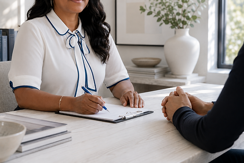 Mental health professional conducting a consultation with a client in a private office, taking notes during an evaluation session. The image reflects a supportive and professional environment for psychological consultations, immigration evaluations, forensic assessments, and mental health evaluations.