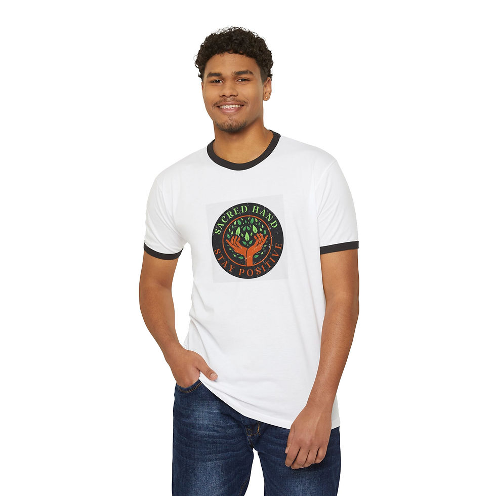 Thumbnail: Sacred Hand Positive Vibes Unisex Cotton Ringer T-Shirt, Positive Energy Apparel