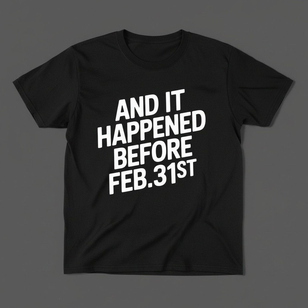 "AND IT HAPPENED BEFORE FEB. 31ST" T-SHIRT MERCH
