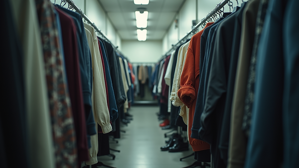 Eye-level view of a clothing rack filled with discarded garments