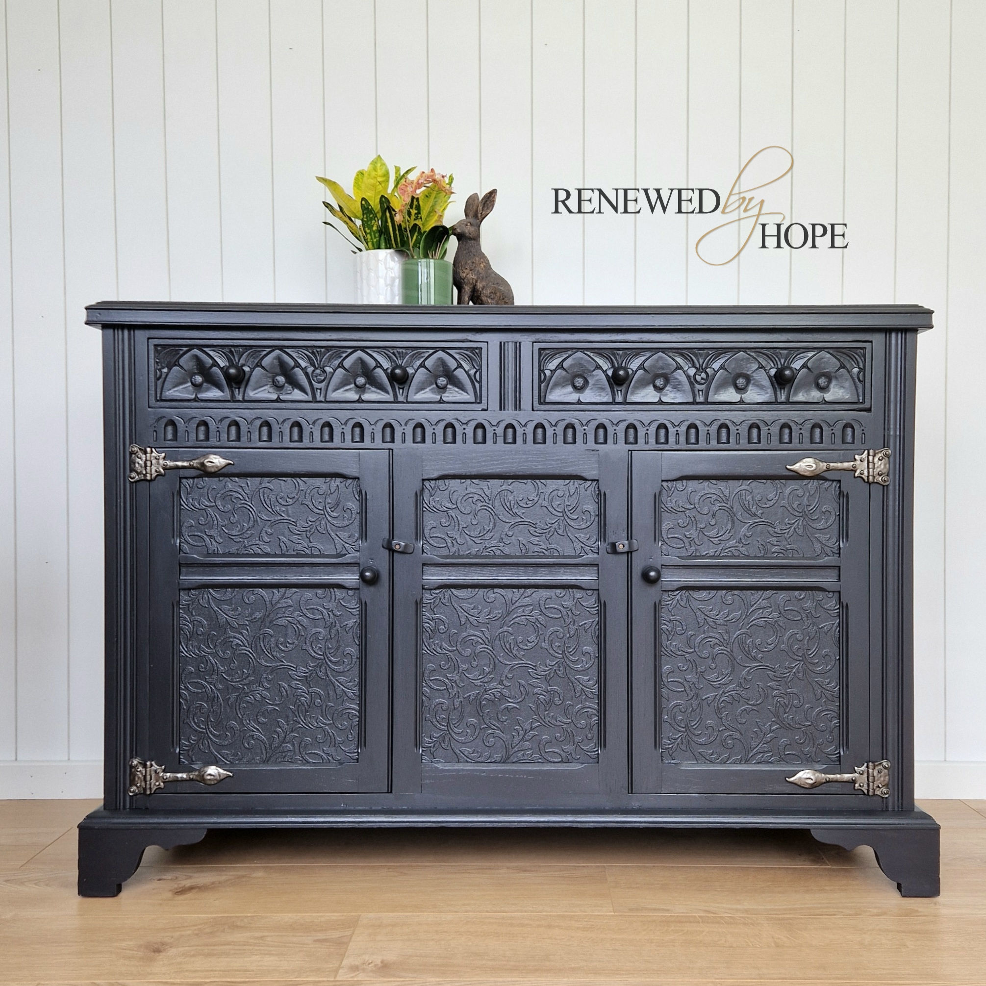 Black Old Charm Sideboard with Cactus Flower Carvings